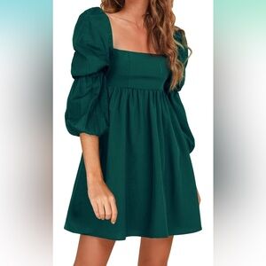 EXLURA | Square Neck Dress Long Puff Sleeve A-Line Casual Short Mini Dress